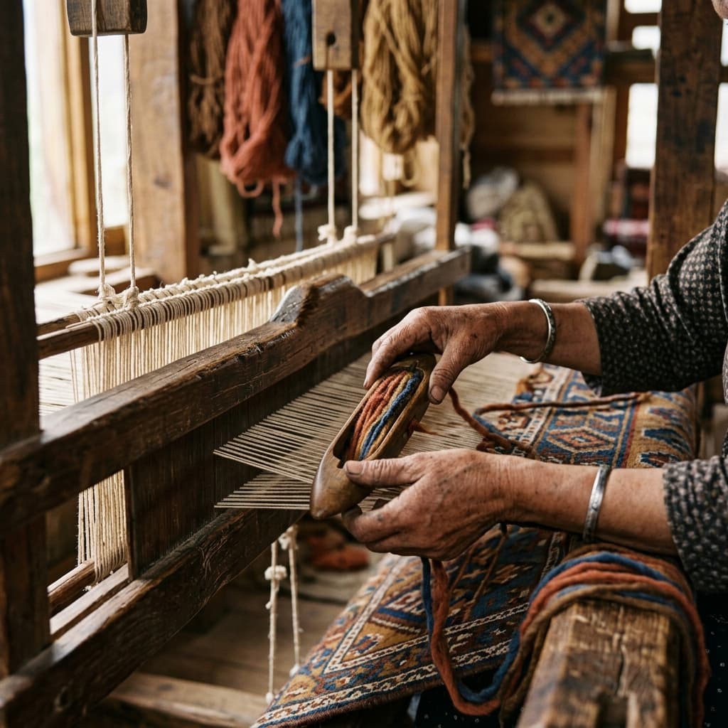 Artisan hands weaving a rug